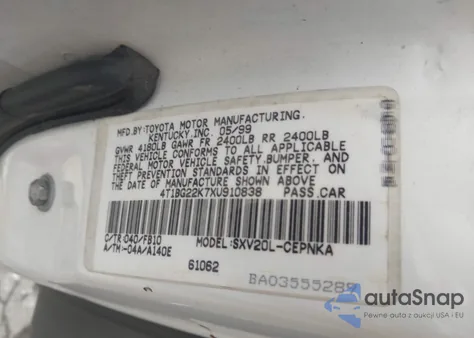 1999 Toyota Camry Le z USA, uszkodzony, nr VIN 4T1BG22K7XU910838